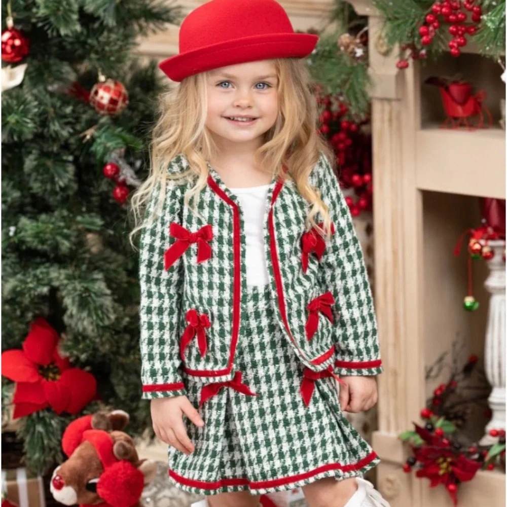 Christmas Matching Outfit Blazer & Pleated Skirt Set With Bows